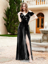Robe de A-ligne en Velours à Col en V avec Fente Noir