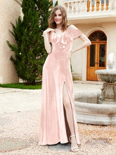 Robe de A-ligne en Velours à Col en V avec Fente Rose Perle