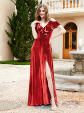 Robe de A-ligne en Velours à Col en V avec Fente Rouge