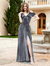 Robe de A-ligne en Velours à Col en V avec Fente Gris Acier