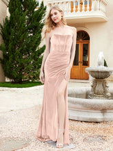 Robe Sirène en Velours Sans Bretelles avec Traîne Balayage Rose Perle