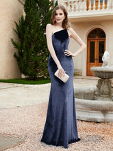 Robe Fourreau en Velours à Une Épaule et Bretelles Spaghetti Bleu Marine