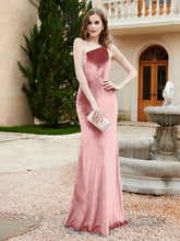 Robe Fourreau en Velours à Une Épaule et Bretelles Spaghetti Rose Poudré