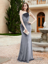 Robe Fourreau en Velours à Une Épaule et Bretelles Spaghetti Gris Acier