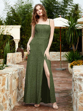 Robe Longue en Dentelle à Encolure Carrée avec Fente Olive Verte