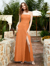 Robe Longue en Dentelle à Encolure Carrée avec Fente Orange