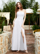 Robe Longue en Dentelle à Encolure Carrée avec Fente Blanc