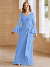 Robe en Mousseline de A-ligne à Col en V avec Manches Longues Longueur au Sol Bleu