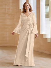 Robe en Mousseline de A-ligne à Col en V avec Manches Longues Longueur au Sol Champagne