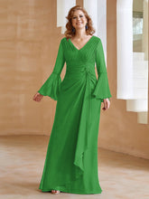 Robe en Mousseline de A-ligne à Col en V avec Manches Longues Longueur au Sol Vert