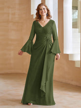 Robe en Mousseline de A-ligne à Col en V avec Manches Longues Longueur au Sol Olive Verte