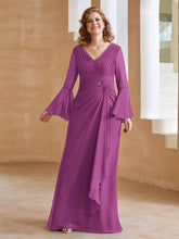 Robe en Mousseline de A-ligne à Col en V avec Manches Longues Longueur au Sol Orchidee