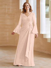 Robe en Mousseline de A-ligne à Col en V avec Manches Longues Longueur au Sol Rose Perle