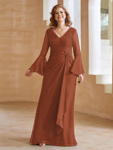 Robe en Mousseline de A-ligne à Col en V avec Manches Longues Longueur au Sol Rouille