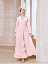 Robe de A-ligne en Mousseline avec Manches Longues à col en V Rose Pâle