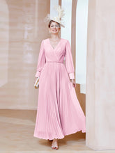 Robe de A-ligne en Mousseline avec Manches Longues à col en V Rose Bonbon