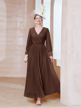 Robe de A-ligne en Mousseline avec Manches Longues à col en V Chocolat