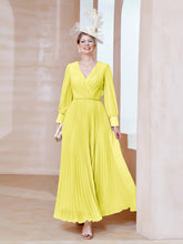Robe de A-ligne en Mousseline avec Manches Longues à col en V Citron