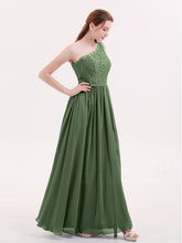 Une Epaule Mousseline et Dentelle Robe avec Fente Olive Verte