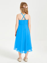 Junior Robes de Demoiselle d'Honneur Longueur de Mollet avec Jupe Asymétrique Bleu Océan
