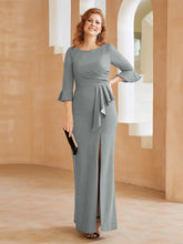 Robe Fourreau avec Fente en Crêpe Extensible Longueur au Sol à Col en Scoop Gris Acier