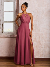 Maxi Robe en Mousseline à Col Licou et Dos Ouvert avec Nœud et Fente Cannelle Rose