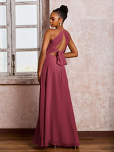 Maxi Robe en Mousseline à Col Licou et Dos Ouvert avec Nœud et Fente Cannelle Rose