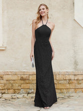 Robe Fourreau en Dentelle Longueur au Sol à Col Licou Noir