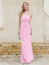 Robe Fourreau en Dentelle Longueur au Sol à Col Licou Rose Bonbon