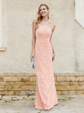 Robe Fourreau en Dentelle Longueur au Sol à Col Licou Corail