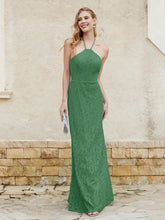 Robe Fourreau en Dentelle Longueur au Sol à Col Licou Emeraude