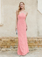 Robe Fourreau en Dentelle Longueur au Sol à Col Licou Flamant