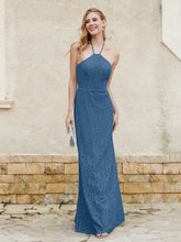 Robe Fourreau en Dentelle Longueur au Sol à Col Licou Bleu Encre