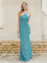 Robe Fourreau en Dentelle Longueur au Sol à Col Licou Jade