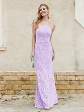 Robe Fourreau en Dentelle Longueur au Sol à Col Licou Lilas