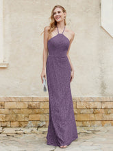 Robe Fourreau en Dentelle Longueur au Sol à Col Licou Plum