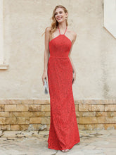Robe Fourreau en Dentelle Longueur au Sol à Col Licou Rouge