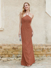 Robe Fourreau en Dentelle Longueur au Sol à Col Licou Rouille