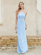 Robe Fourreau en Dentelle Longueur au Sol à Col Licou Bleu Ciel