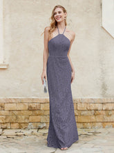 Robe Fourreau en Dentelle Longueur au Sol à Col Licou Orageux