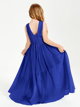 Chic Robes Longues de Demoiselle d'Honneur Junior à Col en V Bleu Royale