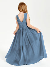 Chic Robes Longues de Demoiselle d'Honneur Junior à Col en V Bleu de Schiste
