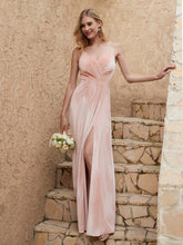 Robe Fourreau en Velours Longueur au Sol à Col en V avec Fente Rose Perle