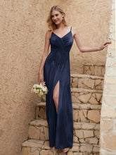 Robe Fourreau en Velours Longueur au Sol à Col en V avec Fente Bleu Marine