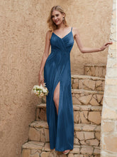 Robe Fourreau en Velours Longueur au Sol à Col en V avec Fente Bleu Encre