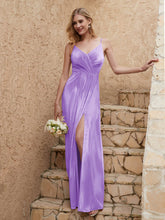 Robe Fourreau en Velours Longueur au Sol à Col en V avec Fente Lilas
