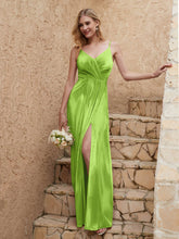 Robe Fourreau en Velours Longueur au Sol à Col en V avec Fente Vert Citron