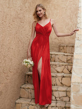 Robe Fourreau en Velours Longueur au Sol à Col en V avec Fente Rouge