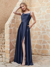 Robe Capot de A-ligne en Satin avec Fente Bleu Marine