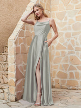 Robe Capot de A-ligne en Satin avec Fente Argent